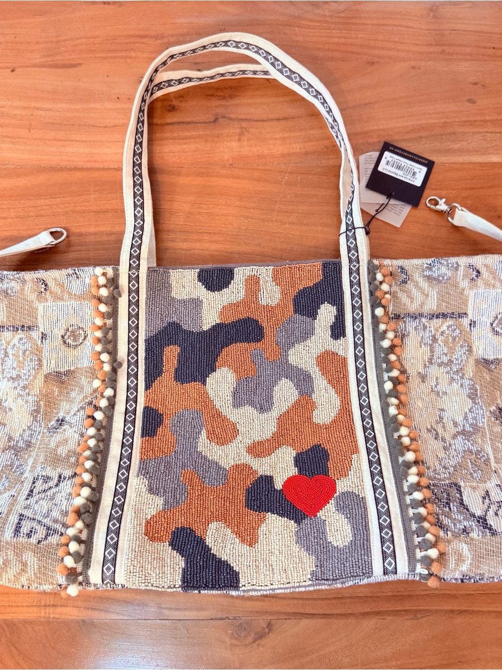 America and Beyond Woven Camouflage Tote with Red Heart Accent - Multicolor